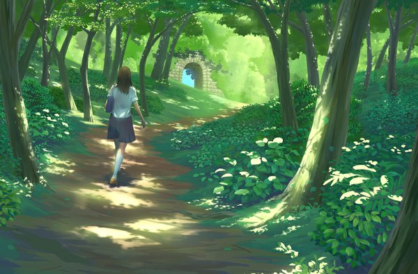 Anime picture 900x592 with original kaitan single long hair brown hair pleated skirt sunlight girl skirt uniform plant (plants) school uniform tree (trees) socks white socks school bag forest gaiters arch