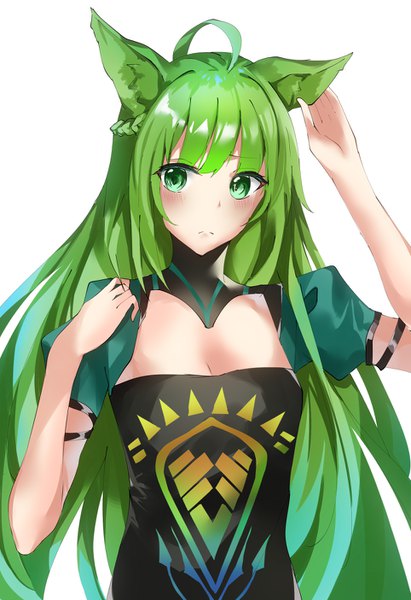 Anime picture 964x1406 with fate (series) fate/grand order atalanta (fate) tsukise miwa single long hair tall image looking at viewer blush fringe breasts simple background hair between eyes standing white background green eyes animal ears payot cleavage ahoge