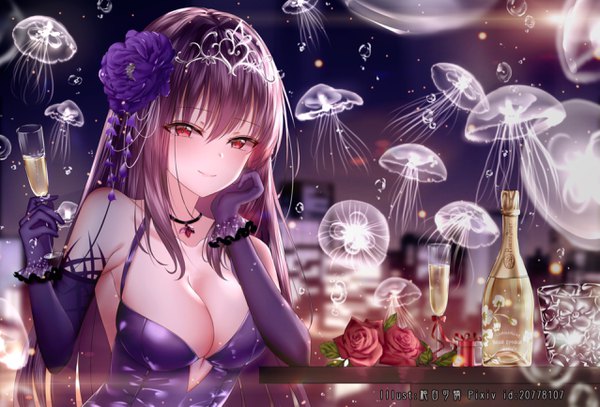 Anime picture 2554x1734 with fate (series) fate/grand order scathach (fate) (all) scathach (formal dress) (fate) junpaku karen single long hair looking at viewer blush fringe highres breasts light erotic smile hair between eyes red eyes large breasts bare shoulders holding signed