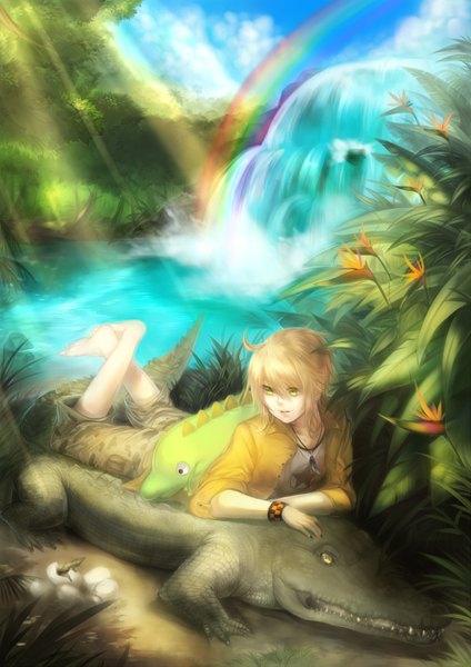 Anime picture 1060x1500 with f-wd tall image short hair open mouth blonde hair green eyes sky cloud (clouds) ahoge lying nail polish barefoot sunlight open clothes open jacket teeth crossed legs on stomach checkered sharp teeth