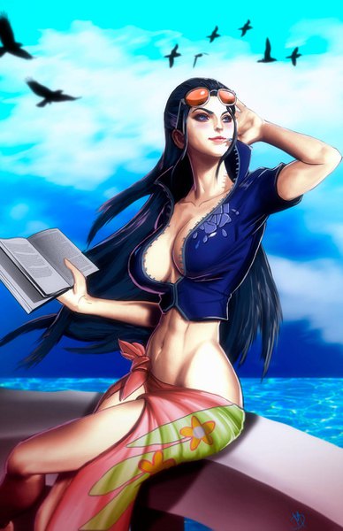 Anime picture 800x1237 with one piece toei animation nico robin madboy-art single long hair tall image breasts blue eyes light erotic black hair smile large breasts sitting holding signed looking away sky cleavage cloud (clouds)