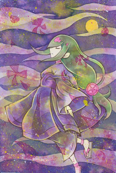 Anime picture 1803x2673 with katanagatari white fox yasuri nanami kura-ra single long hair tall image fringe highres payot sky bent knee (knees) outdoors eyes closed long sleeves traditional clothes japanese clothes profile hair flower green hair