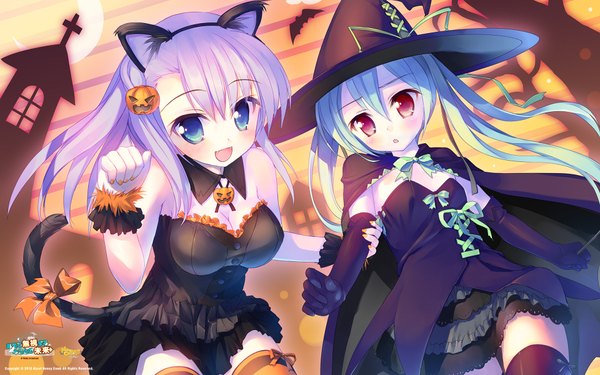 Anime picture 1920x1200 with aete mushisuru kimi to no mirai sawatari nanagi takoyaki (roast) long hair blush highres open mouth blue eyes red eyes wide image multiple girls animal ears purple hair green hair cat ears cat girl cat tail halloween witch girl