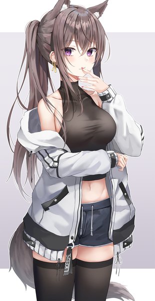 Anime picture 1200x2320 with original lkeris single long hair tall image looking at viewer blush fringe simple background hair between eyes brown hair purple eyes bare shoulders animal ears payot ponytail tail long sleeves nail polish animal tail