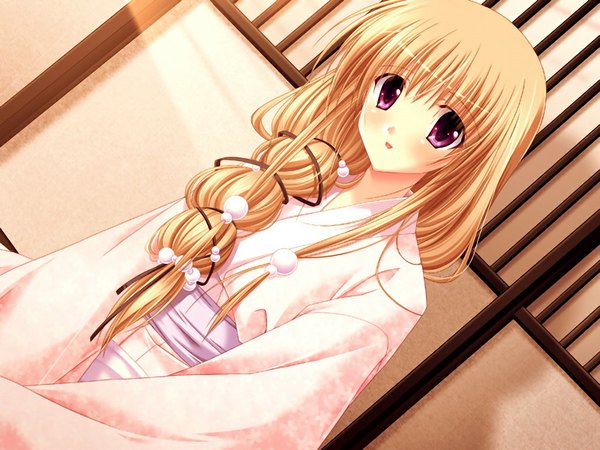 Anime picture 1024x768 with sara sara sasara shiratae aya long hair blonde hair game cg japanese clothes pink eyes girl kimono