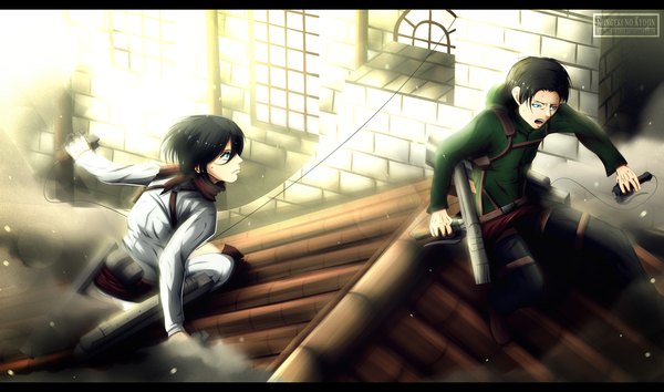 Anime picture 2904x1714 with shingeki no kyojin production i.g mikasa ackerman levi (rivaille) kortrex highres short hair open mouth blue eyes black hair wide image holding profile coloring letterboxed dual wielding military screaming dust broken weapon
