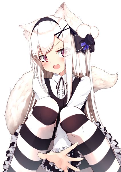 Anime picture 2220x3142 with original mayogii single long hair tall image looking at viewer blush fringe highres open mouth simple background red eyes white background sitting animal ears bent knee (knees) white hair tail head tilt animal tail