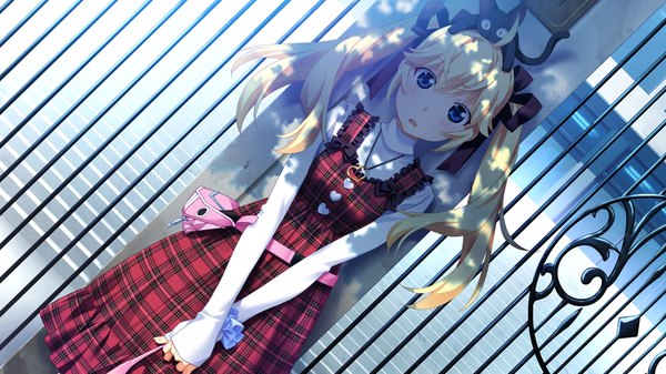 Anime picture 1024x576 with grisaia no kajitsu matsushima michiru watanabe akio long hair blue eyes blonde hair wide image twintails game cg wrist scrunchie girl ribbon (ribbons) animal cat scrunchie hair tie