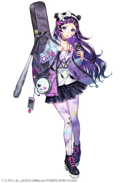 Anime picture 585x800 with yuba no shirushi taranbo single long hair tall image fringe open mouth blue eyes black hair simple background standing white background holding payot looking away purple hair full body blunt bangs nail polish multicolored hair