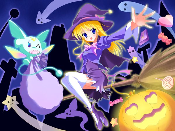Anime picture 1600x1200 with original bashen chenyue long hair blush open mouth blue eyes blonde hair halloween witch girl thighhighs dress white thighhighs food sweets witch hat