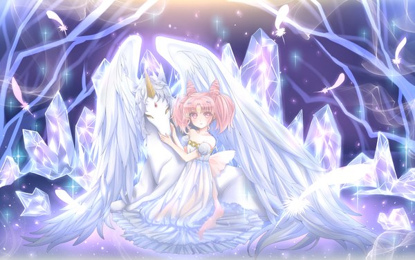 Anime picture 4333x2716 with bishoujo senshi sailor moon toei animation chibiusa princess usagi small lady helios pegasus (sailor moon) mikan (pixiv603442) highres sitting twintails pink hair absurdres pink eyes horn (horns) hair bun (hair buns) hug kneeling short twintails white wings purple background