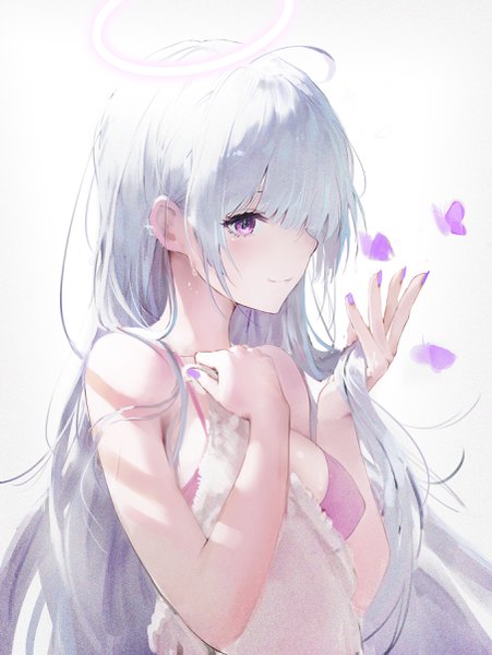 Anime picture 1808x2407 with original iori (cpeilad) single long hair tall image blush fringe highres breasts light erotic simple background smile large breasts standing purple eyes holding payot looking away silver hair upper body
