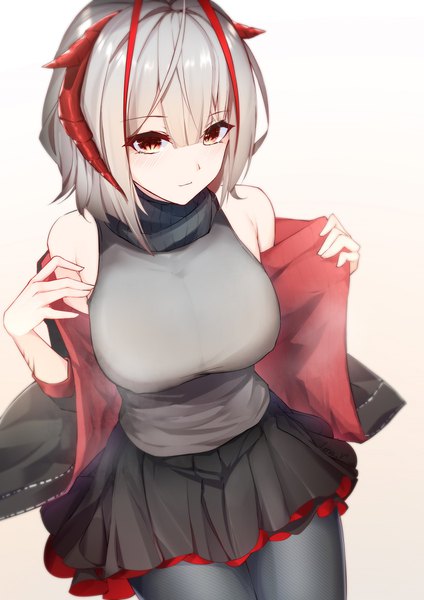 Anime picture 1272x1800 with arknights w (arknights) leria v single tall image looking at viewer blush fringe short hair breasts simple background hair between eyes red eyes standing white background bare shoulders silver hair red hair pleated skirt horn (horns)
