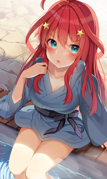 Anime picture 901x1500 with go-toubun no hanayome nakano itsuki mizuki ryuu single long hair tall image looking at viewer blush fringe open mouth hair between eyes sitting payot ahoge red hair traditional clothes japanese clothes aqua eyes from above wide sleeves