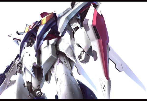 Anime picture 1425x979 with mobile suit gundam gundam hathaway's flash sunrise (studio) xi gundam tori yuhu simple background white background from below letterboxed no people beam rifle weapon mecha shield