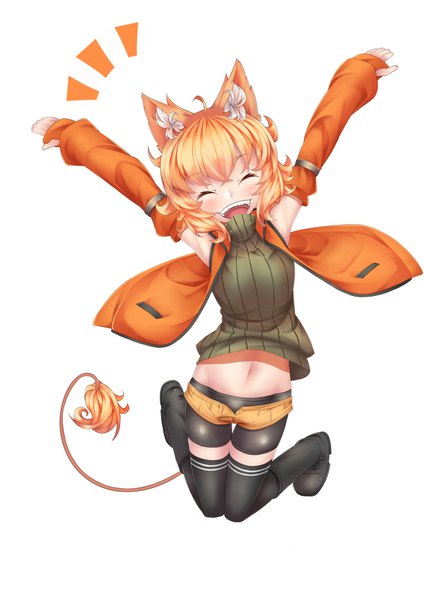 Anime picture 1157x1637 with original million (kzy090) kzy090 single tall image short hair open mouth simple background blonde hair smile white background animal ears full body ahoge tail eyes closed :d animal tail arms up open jacket