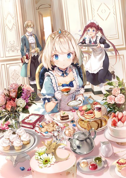 Anime picture 700x983 with tearmoon teikoku monogatari mia luna tearmoon anne littstein ludwig hewitt gilse long hair tall image short hair blue eyes blonde hair twintails multiple girls red hair indoors official art maid sweatdrop cover novel illustration cover page
