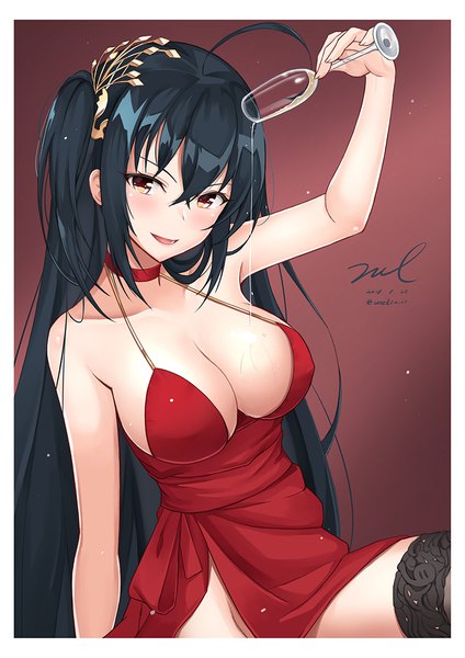 Anime picture 800x1131 with azur lane taihou (azur lane) taihou (forbidden feast) (azur lane) unel single long hair tall image looking at viewer blush fringe breasts open mouth light erotic black hair simple background hair between eyes large breasts bare shoulders holding brown eyes