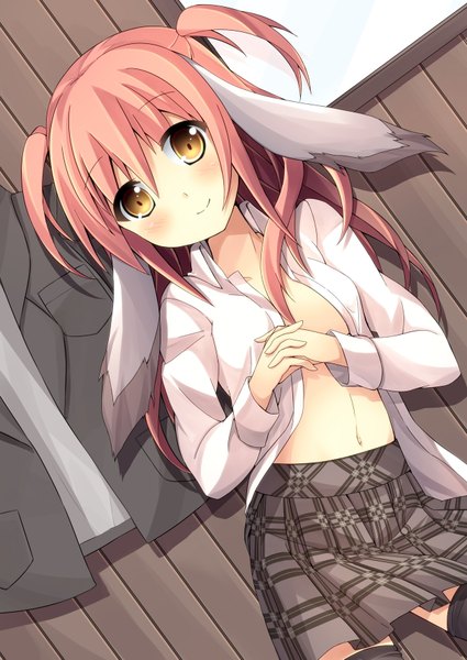 Anime picture 1254x1771 with original oruton (artist) long hair tall image blush light erotic smile animal ears yellow eyes pink hair lying open clothes open shirt girl skirt uniform school uniform miniskirt