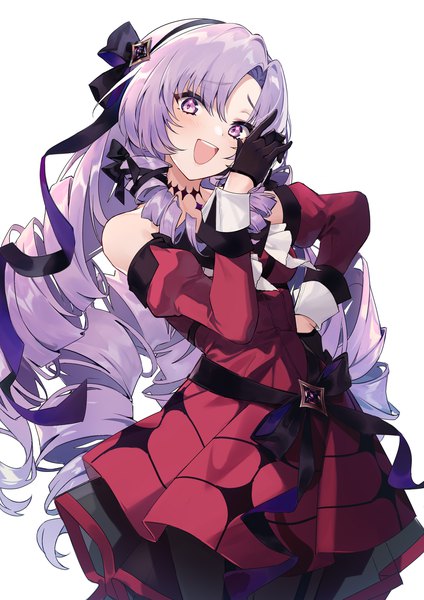 Anime picture 1500x2122 with virtual youtuber nijisanji hyakumantenbara salome hyakumantenbara salome (1st costume) zhong chai single long hair tall image looking at viewer open mouth simple background white background purple eyes purple hair :d hand on hip drill hair girl dress gloves