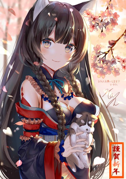 Anime picture 1000x1414 with original kouyafu single long hair tall image looking at viewer blush fringe breasts black hair smile large breasts standing bare shoulders holding animal ears payot cleavage upper body blunt bangs