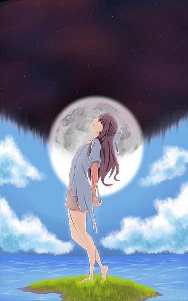 Anime picture 1650x2635 with shelter (music video) rin (shelter) xihone (zaikar) single long hair tall image red eyes looking away purple hair cloud (clouds) barefoot night bare legs tears half updo girl dress bow hair bow moon