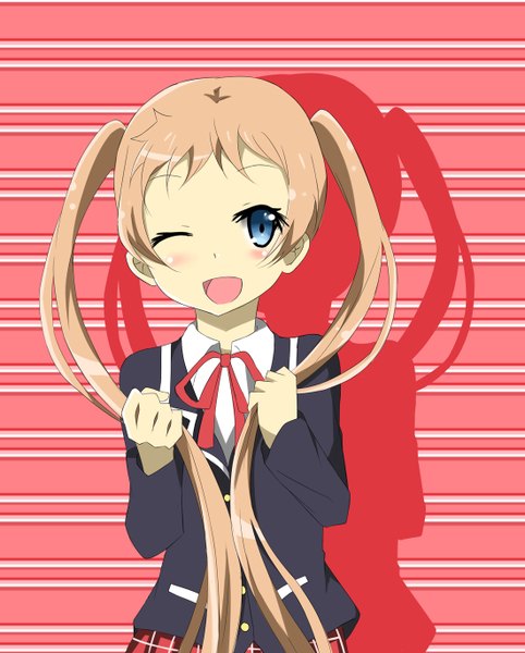 Anime picture 1100x1368 with chuunibyou demo koi ga shitai! kyoto animation dekomori sanae ollycrescent single tall image blush open mouth blue eyes blonde hair twintails very long hair one eye closed wink shadow plaid skirt girl uniform school uniform