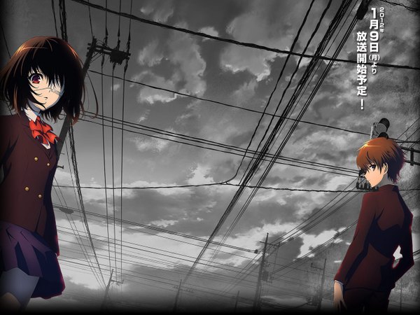Anime picture 1400x1050 with another p.a. works misaki mei sakakibara kouichi looking at viewer short hair black hair red eyes sky cloud (clouds) profile wind from behind scan inscription wallpaper couple back girl boy