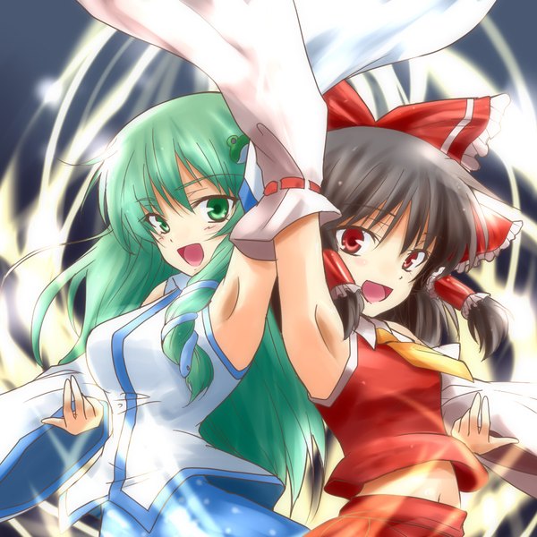 Anime picture 1024x1024 with ar tonelico touhou ar tonelico ii gust (company) hakurei reimu kochiya sanae urutsu sahari long hair looking at viewer blush fringe open mouth black hair hair between eyes red eyes multiple girls green eyes upper body traditional clothes :d