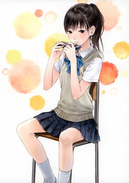 Anime picture 1233x1750 with original cellophane (artbook) kishida mel single long hair tall image black hair sitting ponytail black eyes girl skirt miniskirt socks serafuku white socks vest