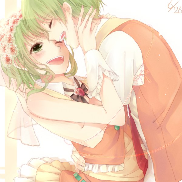 イラスト 2600x2600 と ボーカロイド gumi gumo kirakira0926k 赤面 highres 短い髪 開いた口 simple background 笑顔 肩出し 緑の目 eyes closed プロフィール hair flower green hair 女の子 男性 髪飾り 花