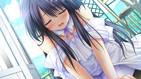 Anime picture 1280x720 with sekai to sekai no mannaka de shiratori aira moekibara fumitake single long hair blush open mouth black hair wide image bare shoulders game cg eyes closed tears girl dress