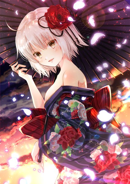 Anime picture 1062x1500 with fate (series) fate/grand order jeanne d'arc (fate) (all) jeanne d'arc alter (fate) iroha (shiki) single tall image looking at viewer blush fringe short hair breasts open mouth smile hair between eyes standing bare shoulders holding yellow eyes sky