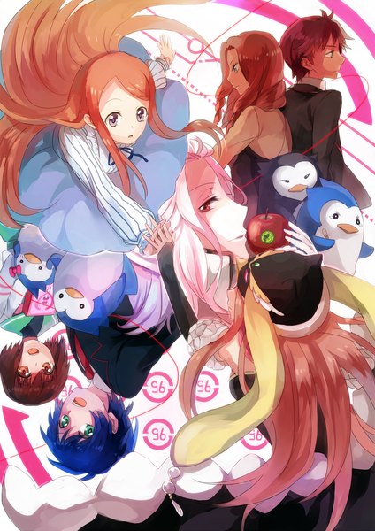 Anime picture 1753x2480 with mawaru penguindrum takakura himari takakura kanba takakura shouma penguin 3-gou penguin 1-gou penguin 2-gou oginome ringo watase sanetoshi natsume masako shion (kizuro) long hair tall image highres short hair open mouth red eyes brown hair multiple girls brown eyes