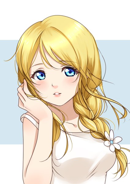 Anime picture 2480x3507 with love live! school idol project sunrise (studio) love live! ayase eli clouble single long hair tall image looking at viewer blush highres breasts open mouth blue eyes blonde hair upper body braid (braids) hair flower light smile lips