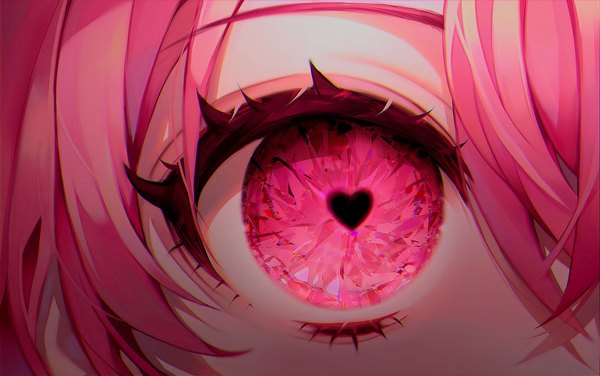 Anime picture 2871x1798 with original 58 (opal 00 58) single looking at viewer fringe highres hair between eyes pink hair pink eyes symbol-shaped pupils close-up shaded face anaglyph heart-shaped pupils ambiguous gender crazy eyes eye