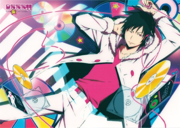 Anime picture 3008x2146 with durarara!! brains base (studio) psychedelic dreams orihara izaya single highres short hair black hair absurdres one eye closed pink eyes wink scan official art boy headphones star (symbol) wire (wires)