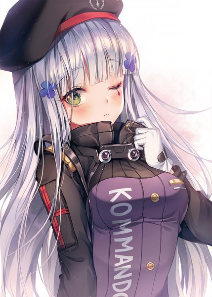 Anime picture 1200x1679 with girls frontline hk416 (girls frontline) ttosom single long hair tall image looking at viewer blush fringe simple background green eyes silver hair upper body blunt bangs long sleeves one eye closed wink facial mark girl gloves