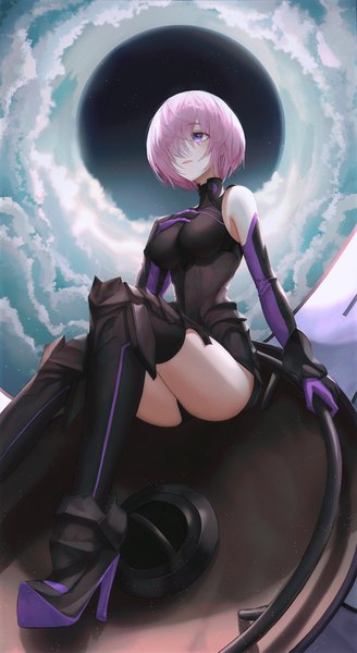 Anime picture 2080x3801 with fate (series) fate/grand order mash kyrielight xeonomi single tall image blush fringe highres short hair breasts light erotic large breasts purple eyes looking away pink hair sky cloud (clouds) outdoors parted lips