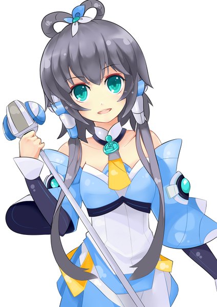 Anime picture 2480x3507 with vocaloid vocaloid china luo tianyi otaku (pixiv id4162402) single long hair tall image looking at viewer highres white background bare shoulders aqua eyes grey hair girl headphones microphone stand
