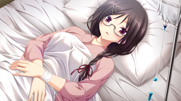 Anime picture 1280x720 with amatsutsumi purple software oribe azuki long hair blush open mouth black hair red eyes wide image game cg lying braid (braids) girl glasses