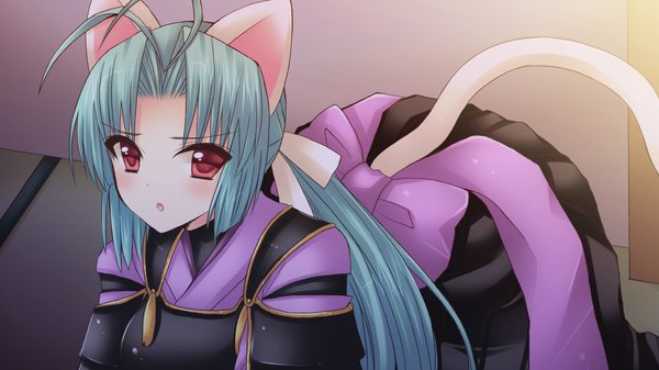 Anime picture 1280x720 with sengoku hime long hair red eyes wide image animal ears game cg green hair cat ears cat tail girl