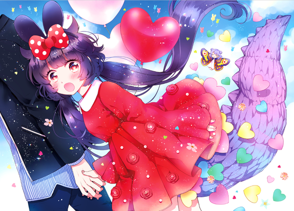 Anime picture 1195x857 with otome kaijuu carameliser naki ringo long hair looking at viewer blush fringe open mouth red eyes twintails multiple girls animal ears sky purple hair cloud (clouds) tail blunt bangs bunny ears low twintails holding hands symbol-shaped pupils