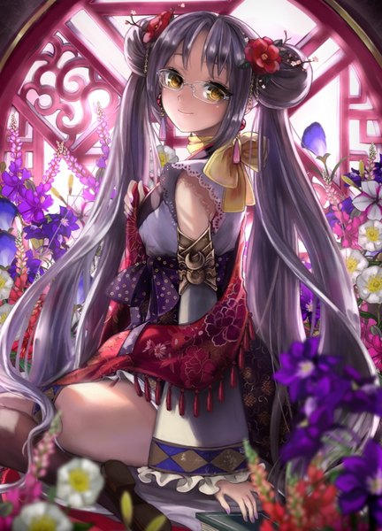 Anime picture 1300x1806 with romance of the three kingdoms pisuke single long hair tall image looking at viewer twintails yellow eyes silver hair japanese clothes hair flower light smile girl hair ornament flower (flowers) bow earrings book (books)