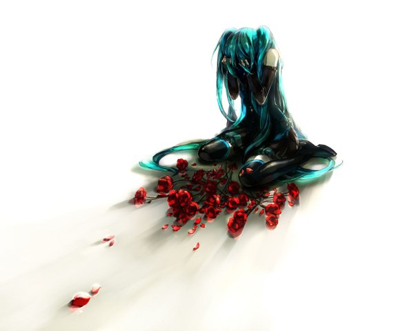Anime picture 1280x1024 with vocaloid hatsune miku long hair simple background white background sitting aqua hair crying girl flower (flowers) detached sleeves petals thigh boots