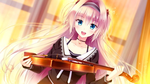 Anime picture 1920x1080 with golden marriage ensemble (studio) amaya rei single long hair looking at viewer blush highres open mouth blue eyes wide image pink hair game cg girl dress hairband musical instrument violin