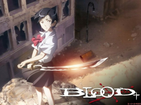 Anime picture 1024x768 with blood+ production i.g otonashi saya short hair black hair brown eyes girl skirt uniform weapon school uniform shirt sword katana building (buildings)