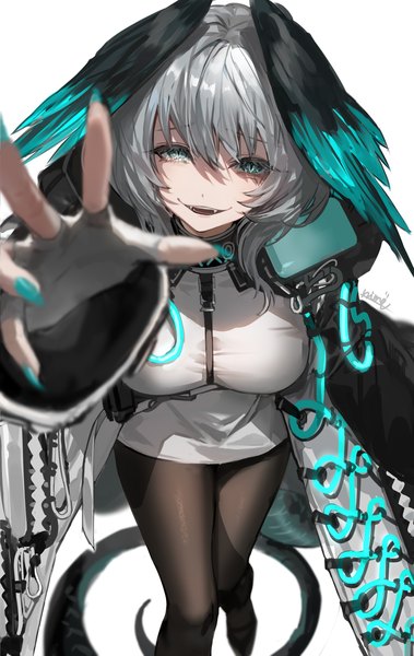 Anime picture 987x1563 with arknights ho'olheyak (arknights) nima (niru54) single tall image looking at viewer fringe short hair simple background smile hair between eyes white background silver hair nail polish aqua eyes fingernails from above long fingernails head wings aqua nail polish