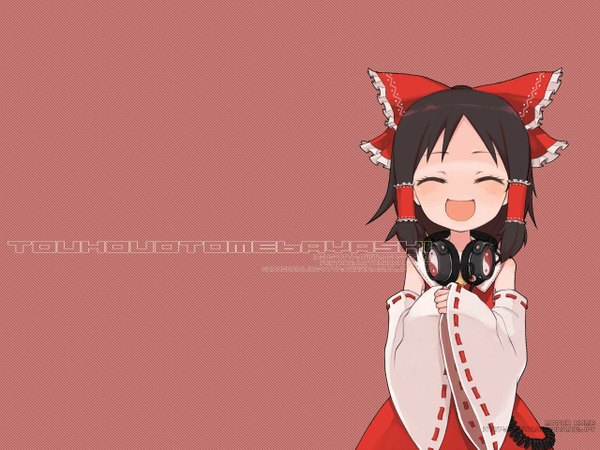 Anime picture 1280x960 with touhou hakurei reimu mota open mouth smile bare shoulders eyes closed miko hands clasped headphones around neck girl ribbon (ribbons) hair ribbon detached sleeves