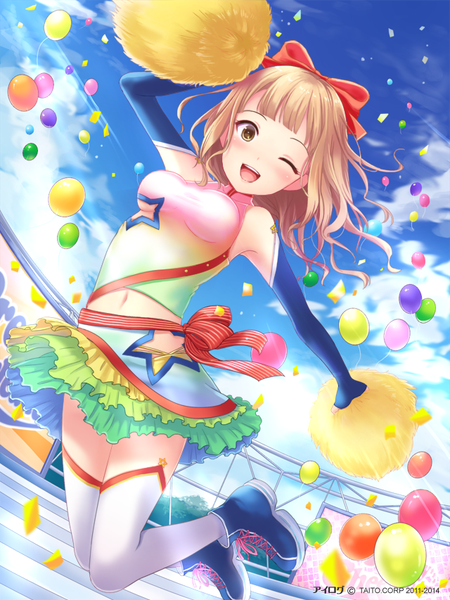 Anime picture 640x853 with ilog ichinomiya ichigo occhan single tall image looking at viewer fringe short hair open mouth light erotic blonde hair bare shoulders brown eyes sky cloud (clouds) one eye closed wink sunlight bare belly happy